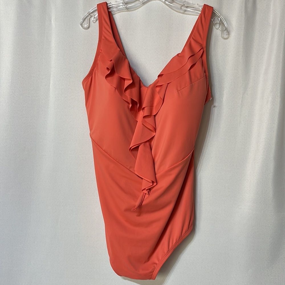 Catherines Plus Size Coral One Piece Swimsuit Bathing Suit Ruffle Front …